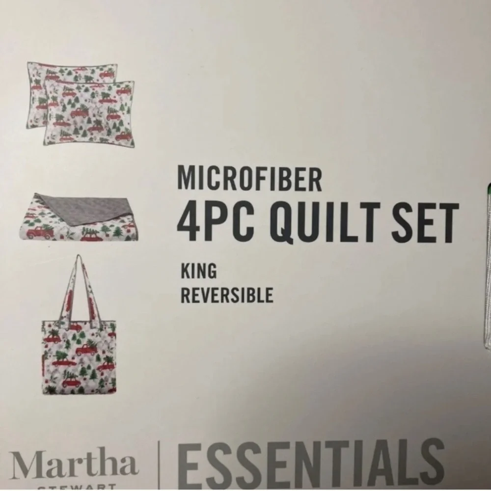 Martha Stewart King Reversible Christmas Truck Quilt w/tote+ shams NEW